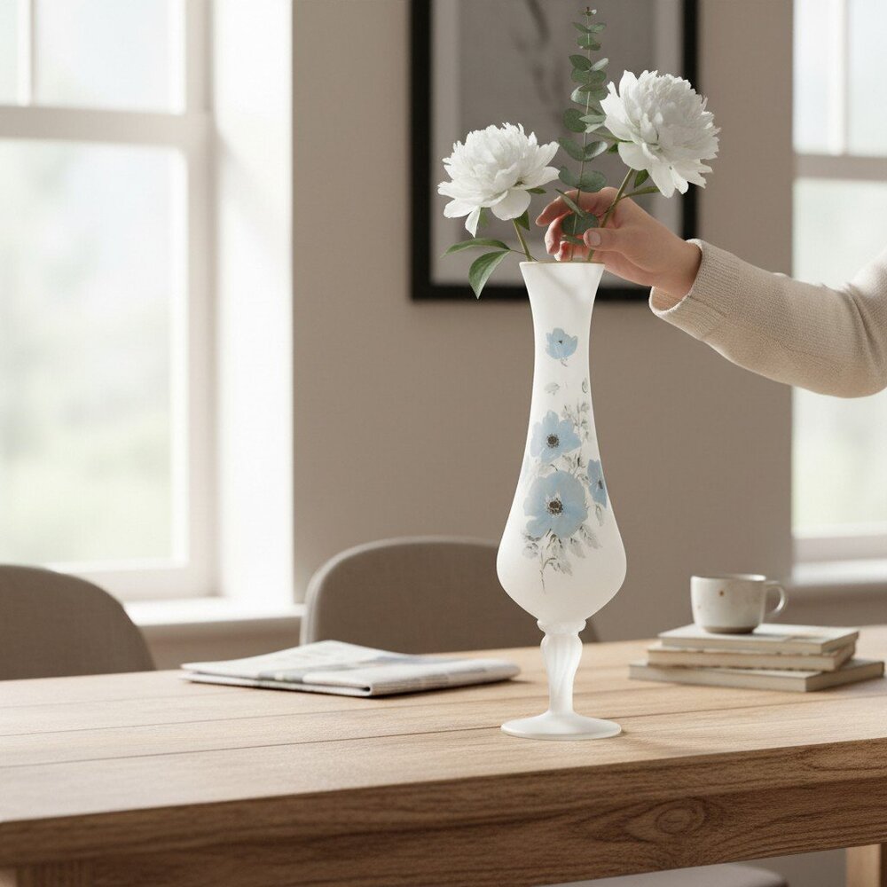 Elegant Vintage Art Glass Bud Vase with Hand-Painted Satin Frosted Blue Floral